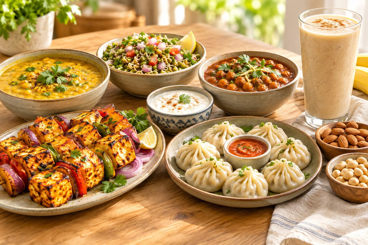 Paneer tikka, dal, sprouts salad, chana, momos and a sattu shake on a table